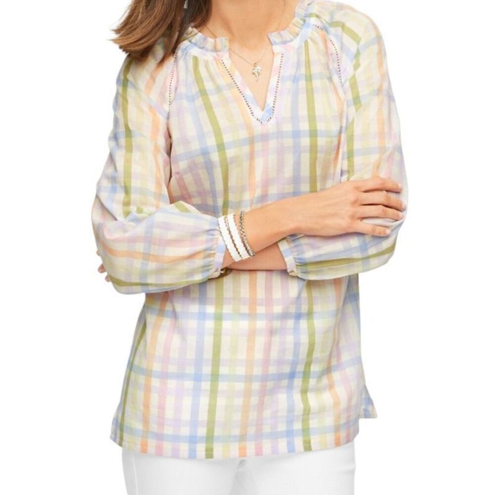 Talbots women’s rainbow plaid ruffle tunic blouse size MP